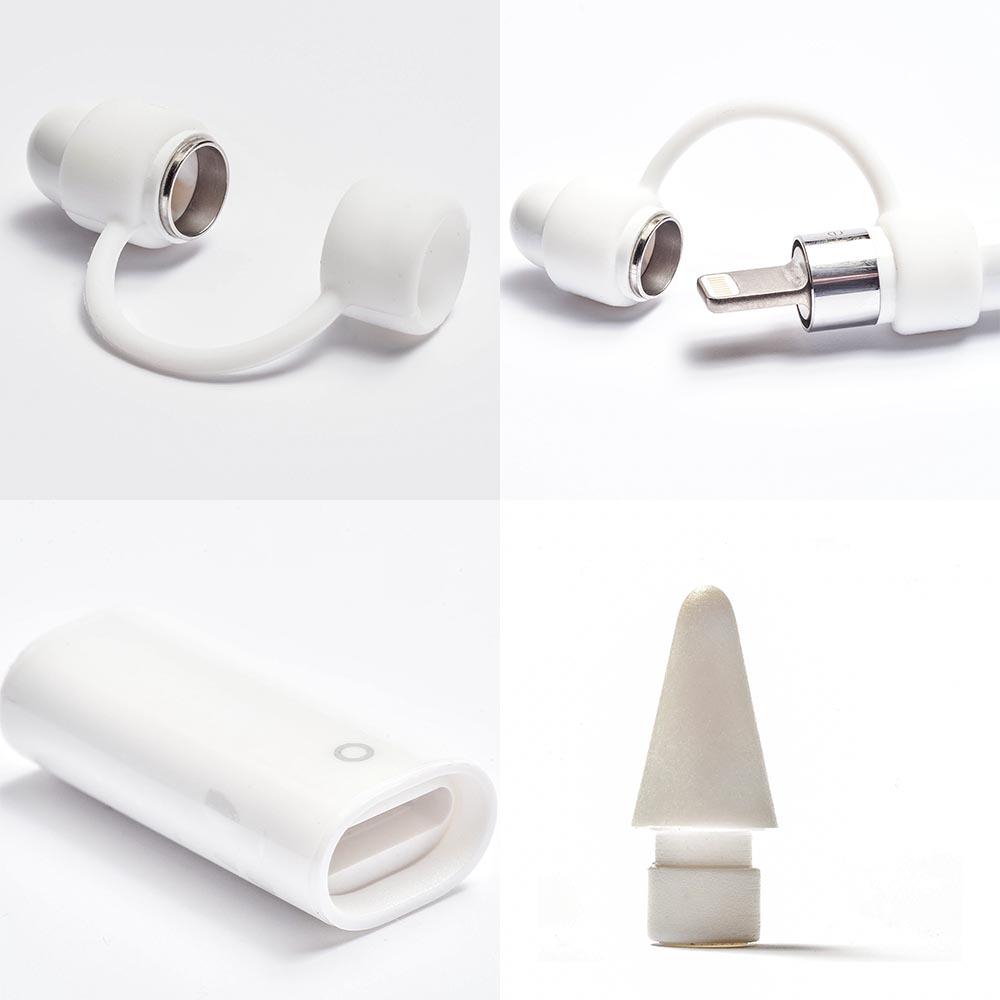 Replacement cap, replacement tip, Lightning charging adapter for Apple Pencil 1st generation in white